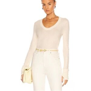 ENZA COSTA Cashmere Cotton Easy Cuffed U Neck Long Sleeve Top Womens Small Cream